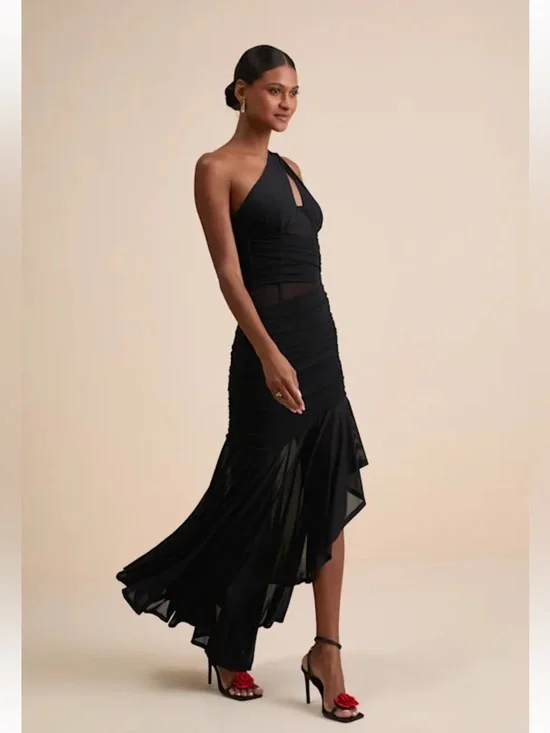 NWT Lulus Marcellina Black Mesh Ruched One-Shoulder Maxi Dress - Picture 4 of 8